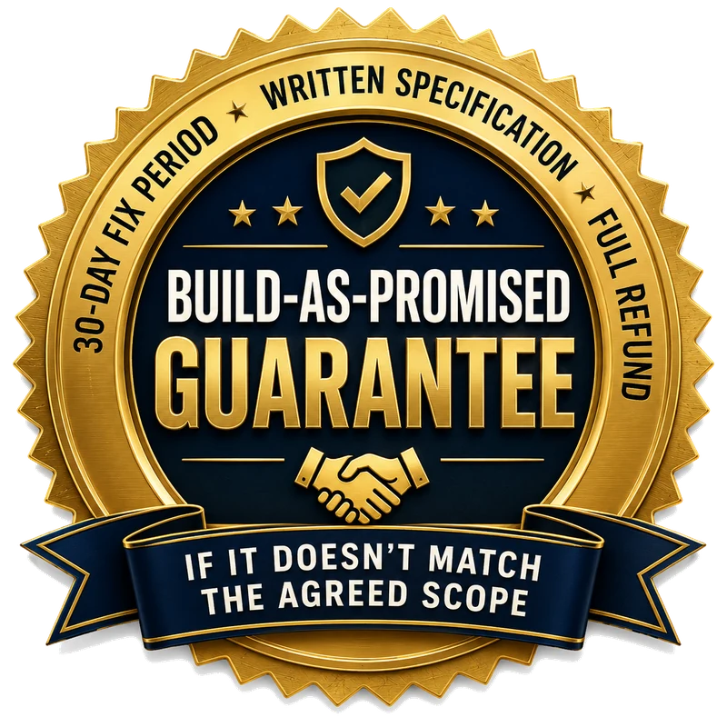 Build-as-promised guarantee. 30-day fix period, written specification, full refund if it doesn't match the agreed scope.