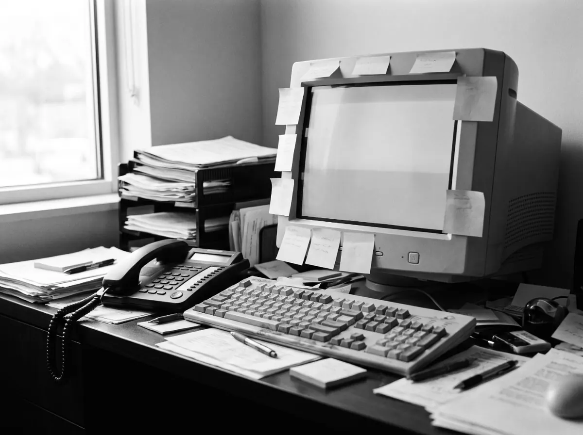 A cluttered administration desk: an older monitor ringed with sticky notes, a desk phone, an overflowing paper tray