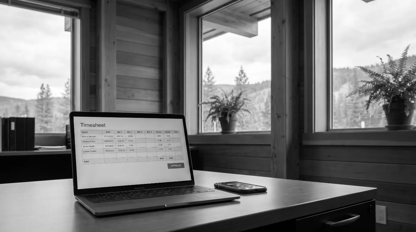 A laptop showing a digital timesheet with an Approve button, in a cedar-panelled office with windows onto pine hills