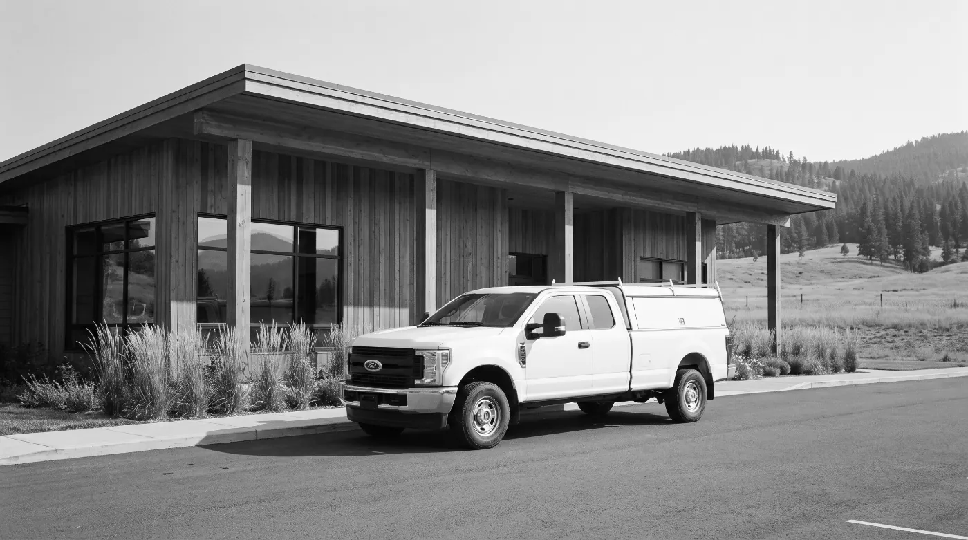 A new white work truck parked outside a cedar-clad First Nations administration building, grassland and pine hills behind