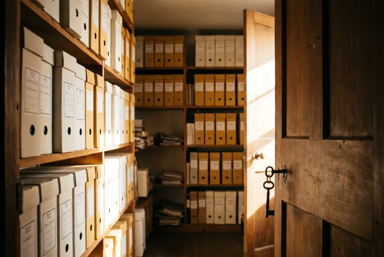 A records room with labelled archive boxes and the door open